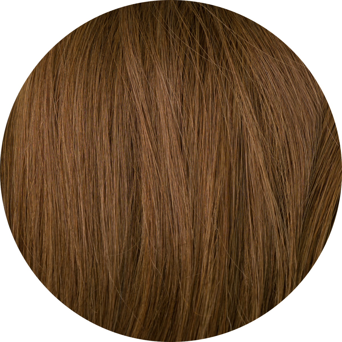A close-up image of  walnut brown clip-in hair extensions showcasing the texture and color of the hair.
