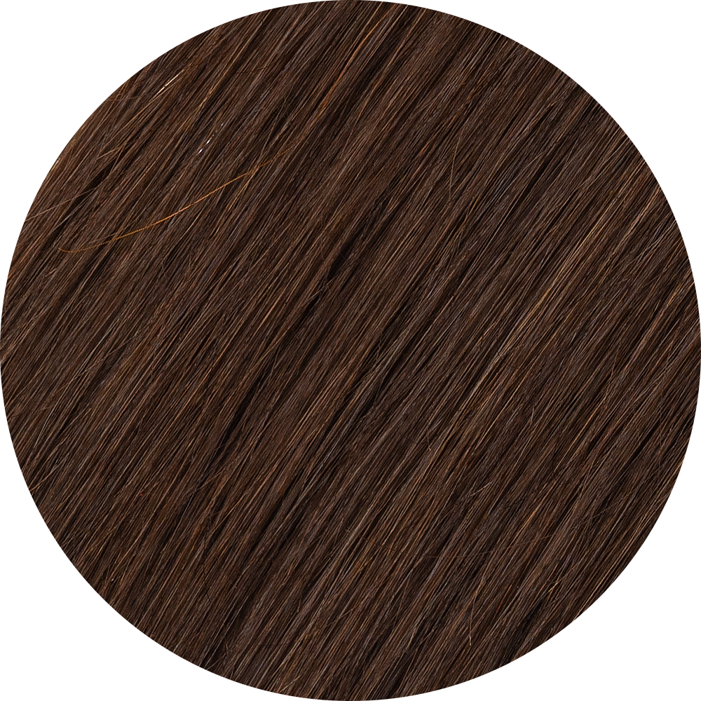 A close-up image of  chocolate brown clip-in hair extensions showcasing the texture and color of the hair.