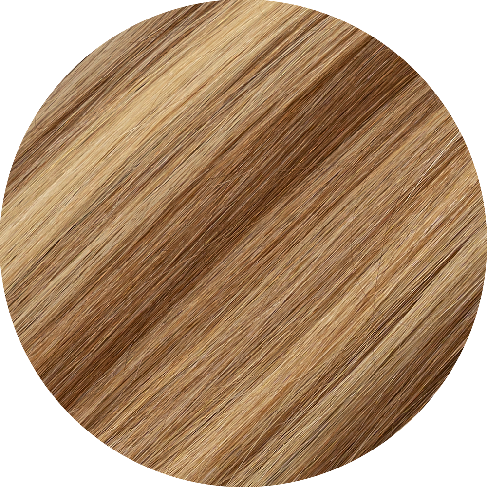 A close-up image of highlights clip-in hair extensions showcasing the texture and color of the hair.