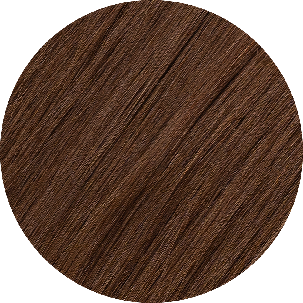 A close-up image of chestnut brown clip-in hair extensions showcasing the texture and color of the hair.