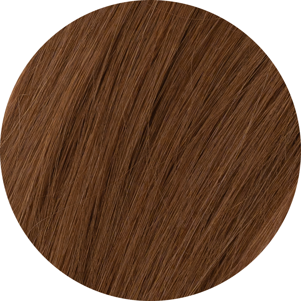 A close-up image of almond brown clip-in hair extensions showcasing the texture and color of the hair.